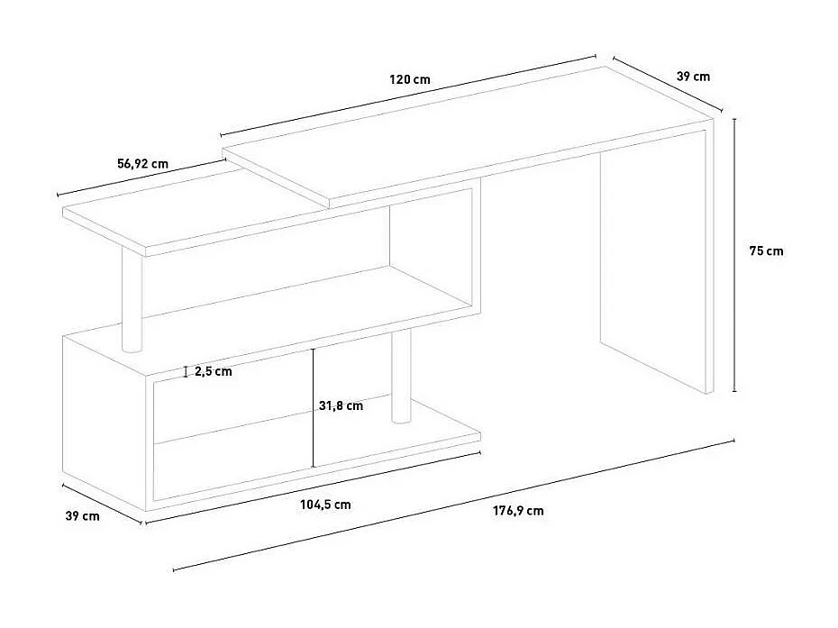 Scrivania angolare 120x50 girevole 2 ripiani multifunzionale Ornella