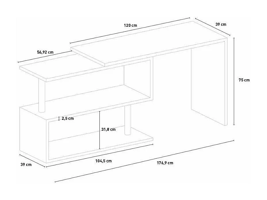 Scrivania angolare 120x50 girevole 2 ripiani multifunzionale Ornella