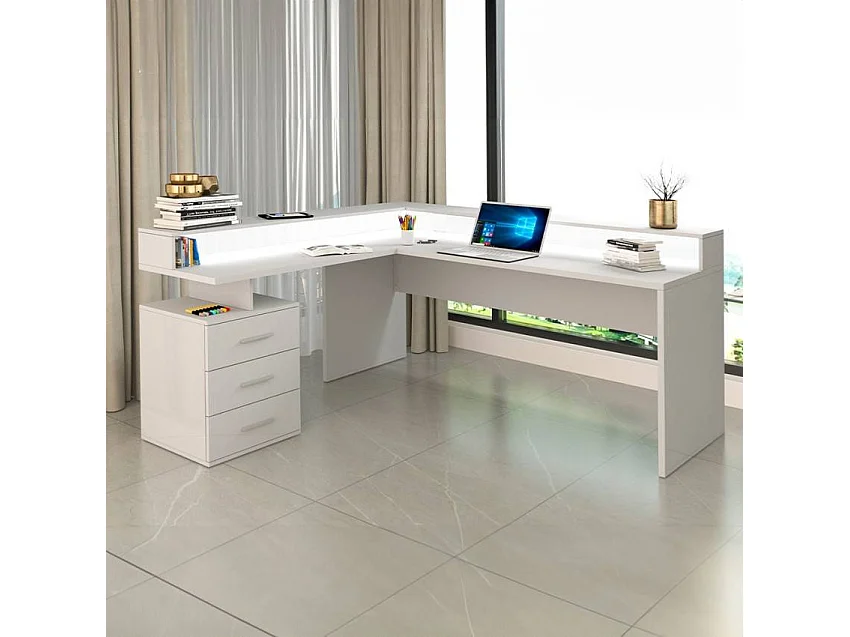 Escritorio esquinero de oficina con 3 cajones estante New Selina A-S Plus - Blanco brillante