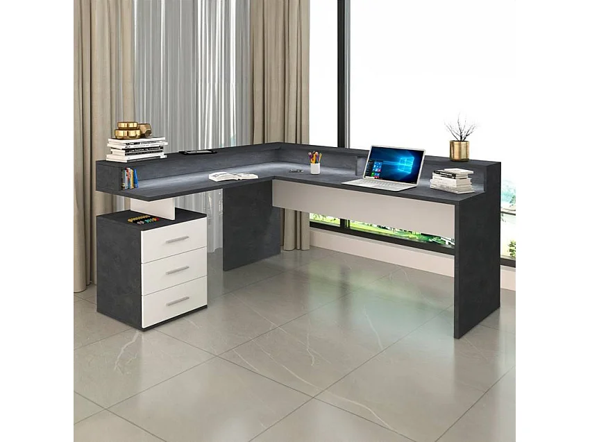 Eckschreibtisch Büro mit 3 Schubladen Aufsatz New Selina A-S Plus - Schwarz - Weiß