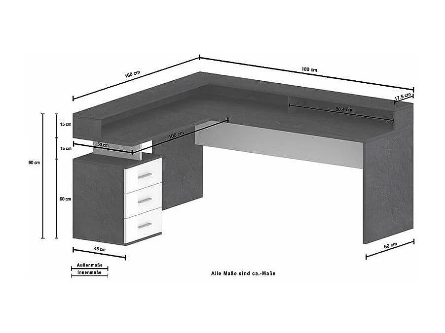 Eckschreibtisch Büro mit 3 Schubladen Aufsatz New Selina A-S Plus - Schwarz - Weiß