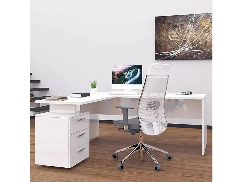 Bureau d'angle moderne 180x160 commode 3 tiroirs AMELIA