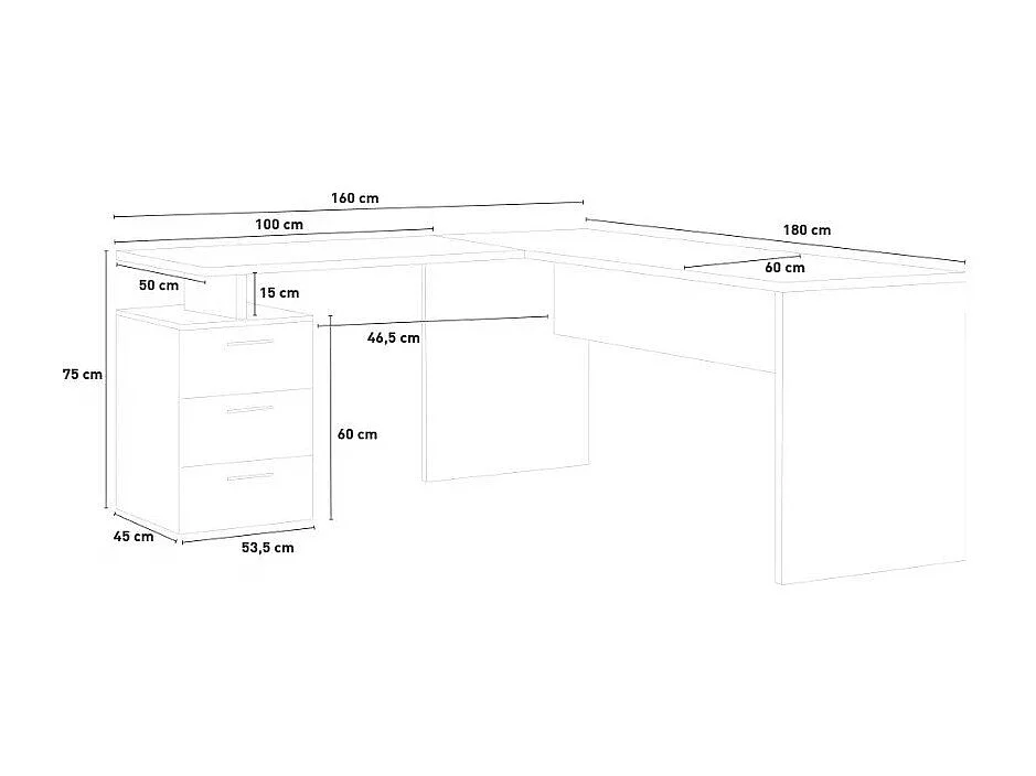 Bureau d'angle moderne 180x160 commode 3 tiroirs AMELIA
