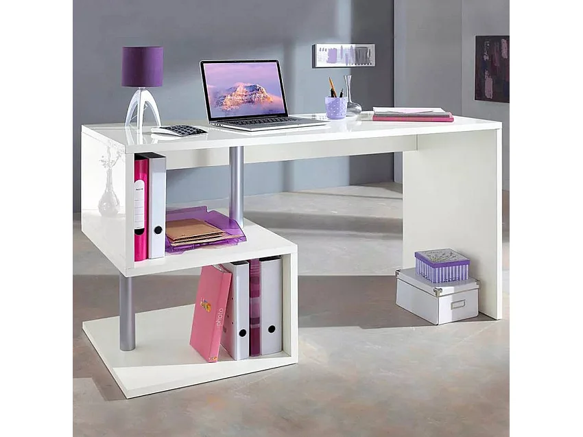 Bureau moderne 140x60 blanc design élégant étagères ouvertes MIKE