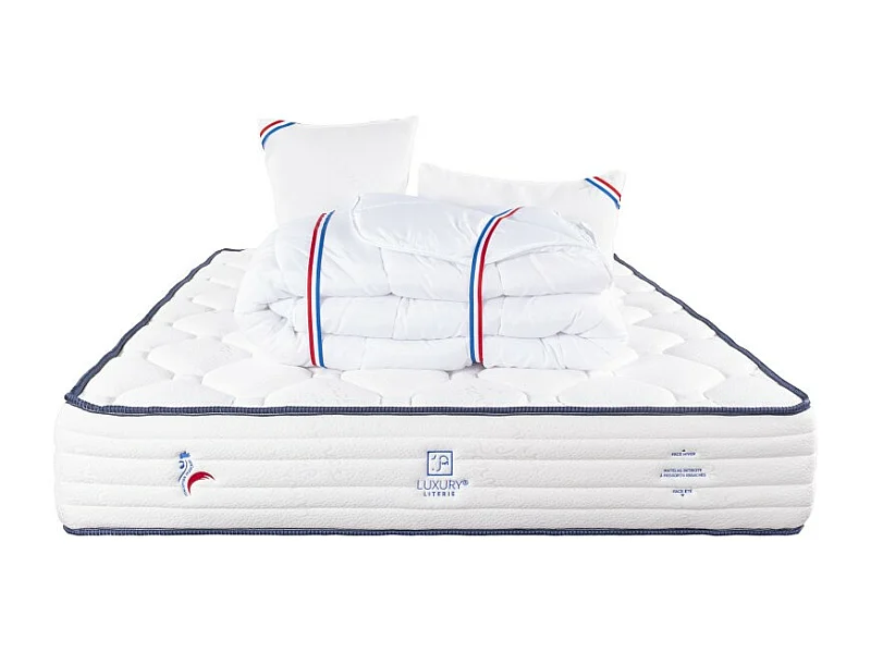 Matelas Patriote, 27cm, Ressorts Ensachés, mousse haute densité , Indépendance du Couchage, Soutien ferme + Oreiller + Couette, 140x200cm