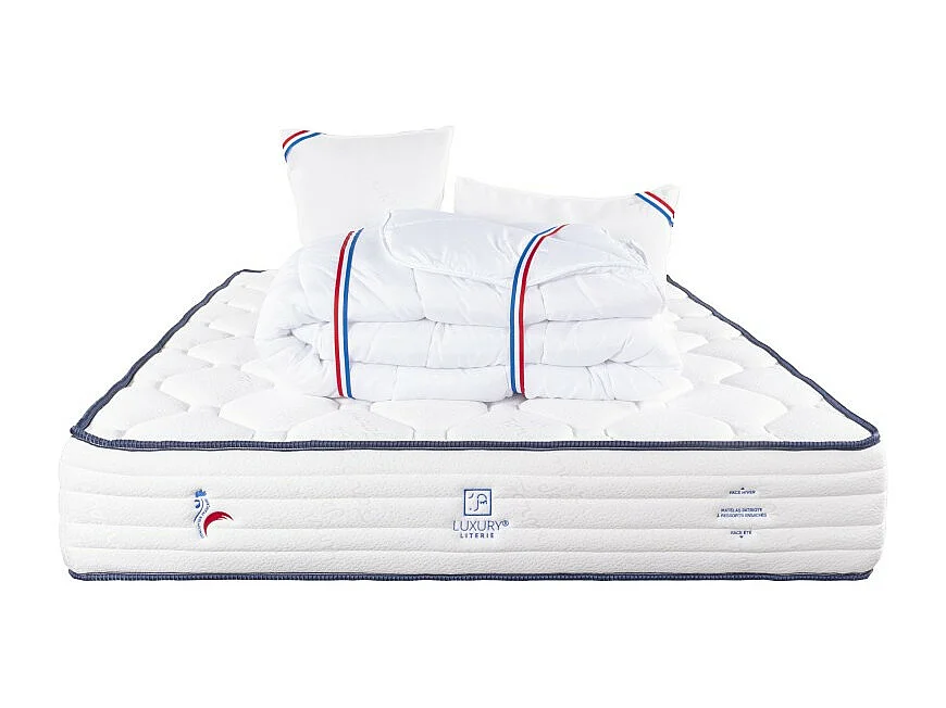 Matelas Patriote, 27cm, Ressorts Ensachés, mousse haute densité , Indépendance du Couchage, Soutien ferme + Oreiller + Couette, 180x200cm