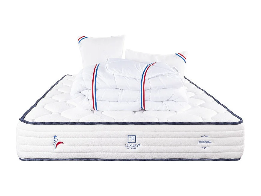 Matelas Patriote, 27cm, Ressorts Ensachés, mousse haute densité , Indépendance du Couchage, Soutien ferme + Oreiller + Couette, 180x200cm