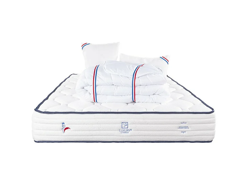 Matelas Patriote, 27cm, Ressorts Ensachés, mousse haute densité , Indépendance du Couchage, Soutien ferme + Oreiller + Couette, 180x200cm