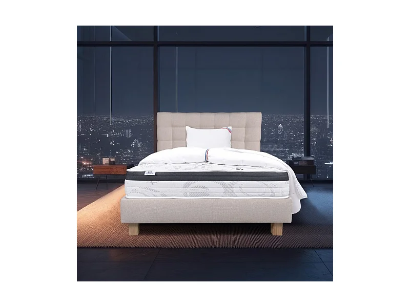 Ensemble Matelas Sleeplux, 26 cm, mousses haute densité, ferme, face été/hiver+sommier beige ep20cm+oreiller+couette+Tête de Lit, 90x190cm