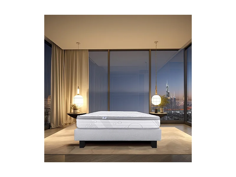 Ensemble Matelas Relaxation, 26 cm, ressorts ensachés, ferme, face été/hiver + sommier gris ep20cm, 90x190cm