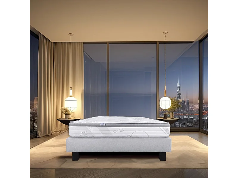 Ensemble Matelas Relaxation, 26 cm, ressorts ensachés, ferme, face été/hiver + sommier gris ep20cm, 90x190cm