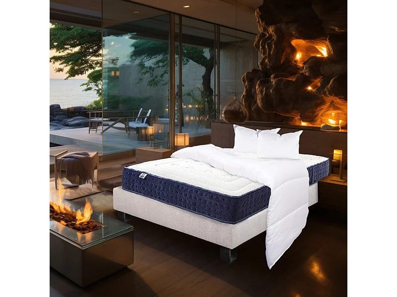 Ensemble Matelas Nuage (24cm), Sommier (20cm), Oreiller et Couette-mousse haute densité, mi-ferme, face été/hiver, 140x200cm