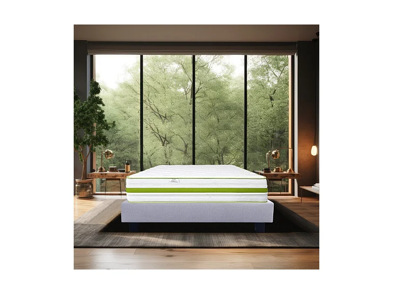 Ensemble Matelas Rêverie, 30 cm, mousses haute densité, ferme, face été/hiver + sommier gris ep20cm, 140x200cm