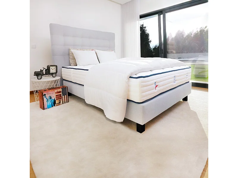 Ensemble Matelas Patriote, 27 cm, ressorts ensachés, ferme, face été/hiver+sommier gris ep20cm+oreiller+couette+Tête de Lit, 140x200cm