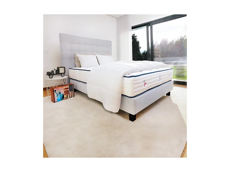 Ensemble Matelas Patriote, 27 cm, ressorts ensachés, ferme, face été/hiver+sommier gris ep20cm+oreiller+couette+Tête de Lit, 140x200cm