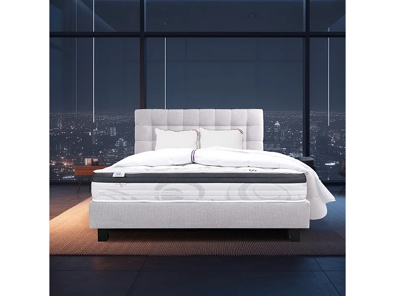 Ensemble Matelas Sleeplux, 26 cm, mousses haute densité, ferme, face été/hiver+sommier gris ep20cm+oreiller+couette+Tête de Lit, 140x200cm