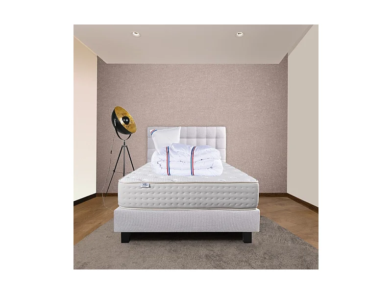 Ensemble Matelas Purlux, 26 cm, mousses haute densité, ferme, face été/hiver+sommier gris ep20cm+oreiller+couette+Tête de Lit, 90x190cm