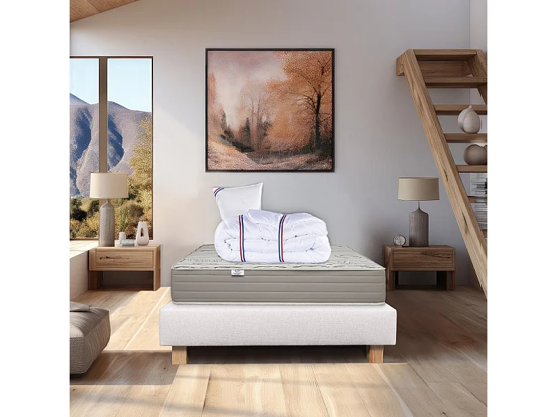 Ensemble Matelas Organic Cotton, 24 cm, mousses haute densité, ferme, face été/hiver + sommier beige ep20cm + oreiller + couette, 90x190cm