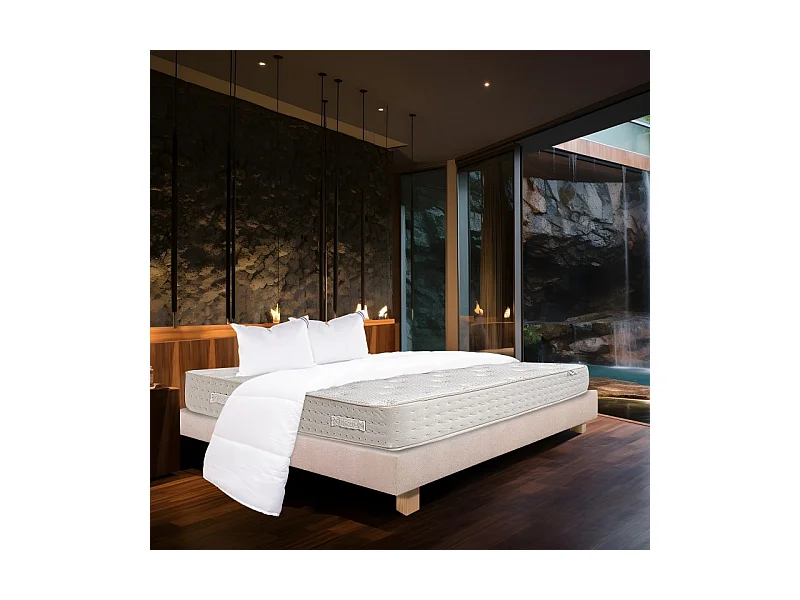 Ensemble Matelas Purlux, 26 cm, mousses haute densité, ferme, face été/hiver + sommier beige ep20cm + oreiller + couette, 160x200cm