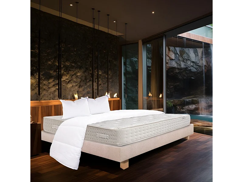 Ensemble Matelas Purlux, 26 cm, mousses haute densité, ferme, face été/hiver + sommier beige ep20cm + oreiller + couette, 160x200cm