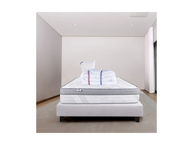 Ensemble Matelas ViscoPlus, 26 cm, mousses haute densité, ferme, face été/hiver + sommier gris ep20cm + oreiller + couette, 90x190cm