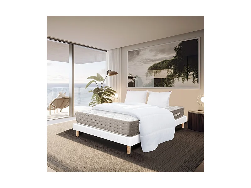 Ensemble Matelas Dreamlux 26cm ressorts ensachés ferme face été/hiver+sommier blanc ep 13cm+oreiller+couette, 140x200cm