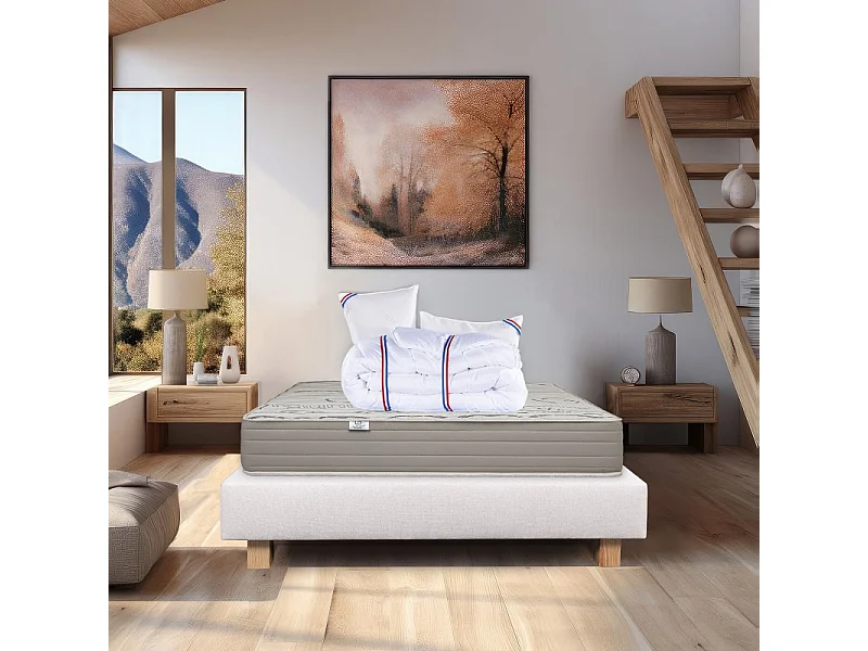 Ensemble Matelas Organic Cotton, 24 cm, mousses haute densité, ferme, face été/hiver + sommier beige ep20cm + oreiller + couette, 140x190cm