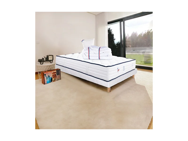 Ensemble Matelas Patriote, 27 cm, ressorts ensachés, ferme, face été/hiver + sommier blanc ep 13cm + oreiller + couette, 90x190cm