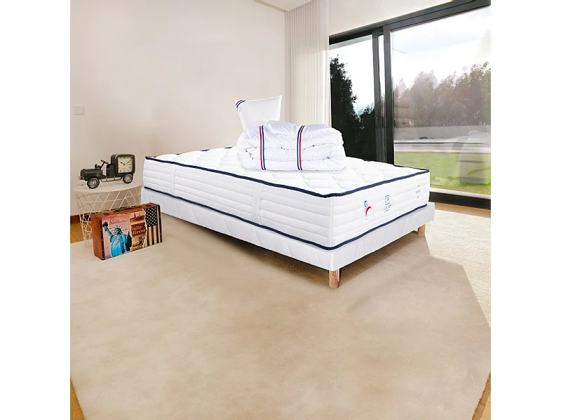 Ensemble Matelas Patriote, 27 cm, ressorts ensachés, ferme, face été/hiver + sommier blanc ep 13cm + oreiller + couette, 90x190cm