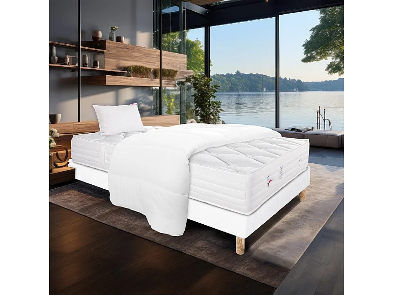 Ensemble Matelas Patriote Mousse, 27 cm, mousses haute densité , ferme, face été/hiver+sommier blanc ep 13cm+oreiller+couette, 90x190cm