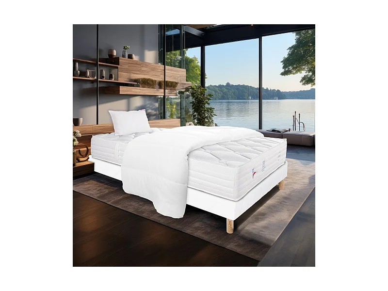 Ensemble Matelas Patriote Mousse, 27 cm, mousses haute densité , ferme, face été/hiver+sommier blanc ep 13cm+oreiller+couette, 90x190cm