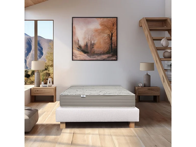 Ensemble Matelas Organic Cotton, 24 cm, mousses haute densité, ferme, face été/hiver + sommier beige ep20cm, 140x200cm