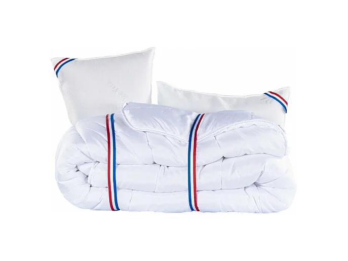 Ensemble Matelas Sleeplux, 26 cm, mousses haute densité, ferme, face été/hiver + sommier beige ep20cm + oreiller + couette, 140x190cm