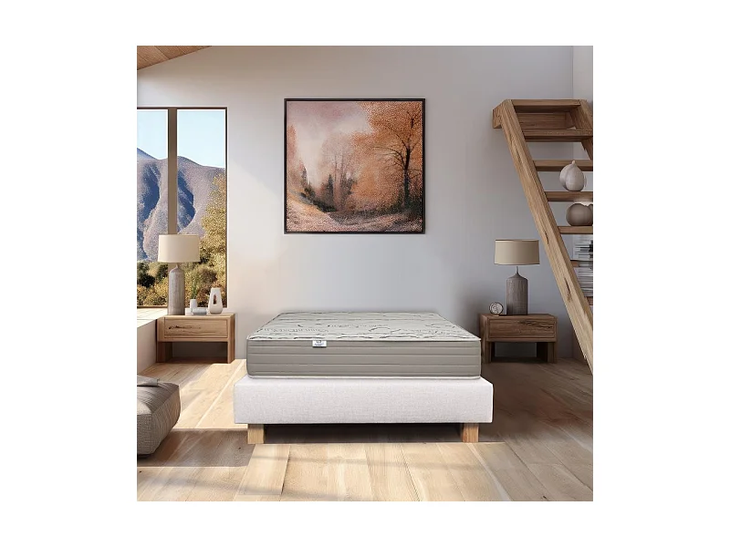 Ensemble Matelas Organic Cotton, 24 cm, mousses haute densité, ferme, face été/hiver + sommier beige ep20cm, 140x190cm