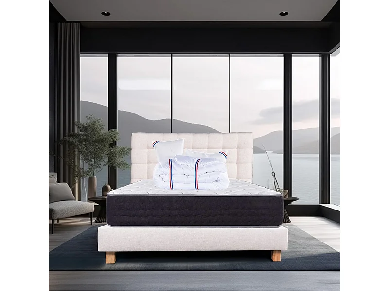 Ensemble Matelas Serenite, 27 cm, ressorts ensachés, ferme, face été/hiver+sommier beige ep20cm+oreiller+couette+Tête de Lit, 140x200cm