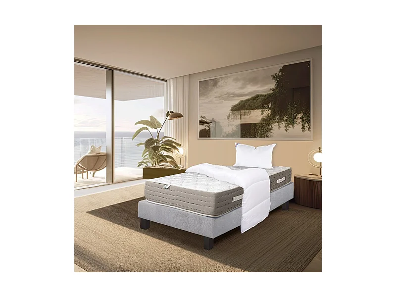 Ensemble Matelas Dreamlux 26cm ressorts ensachés mousses haute densité ferme face été/hiver+sommier gris ep20cm+oreiller+couette, 90x190cm