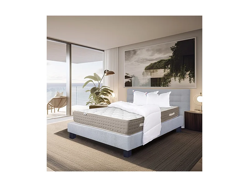 Ensemble Matelas Dreamlux 26cm ressorts ensachés ferme face été/hiver+sommier gris ep20cm+oreiller+couette+Tête de Lit, 160x200cm