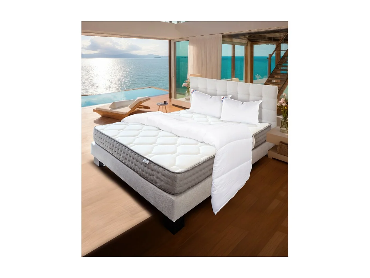 Ensemble Sommier gris (20cm) Matelas Zen (20 cm), ferme, face été/hiver,Oreiller,Couette et Tête de Lit, 140x190cm