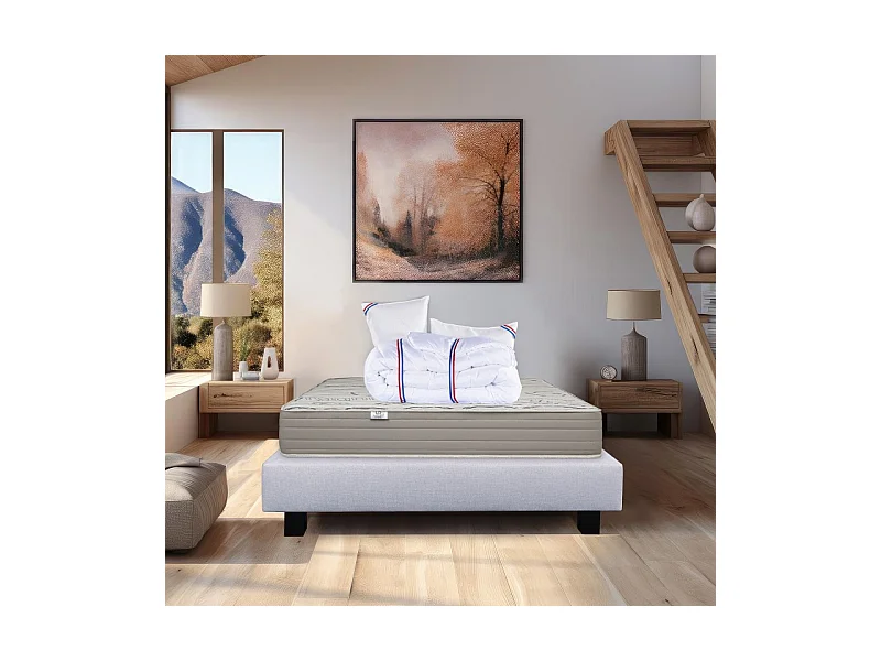 Ensemble Matelas Organic Cotton, 24 cm, mousses haute densité, ferme, face été/hiver + sommier gris ep20cm + oreiller + couette, 140x190cm