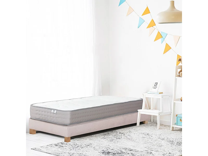 Ensemble Sommier beige (20cm) Matelas Zen (20 cm), mousses haute densité, ferme, face été/hiver, 90x190cm