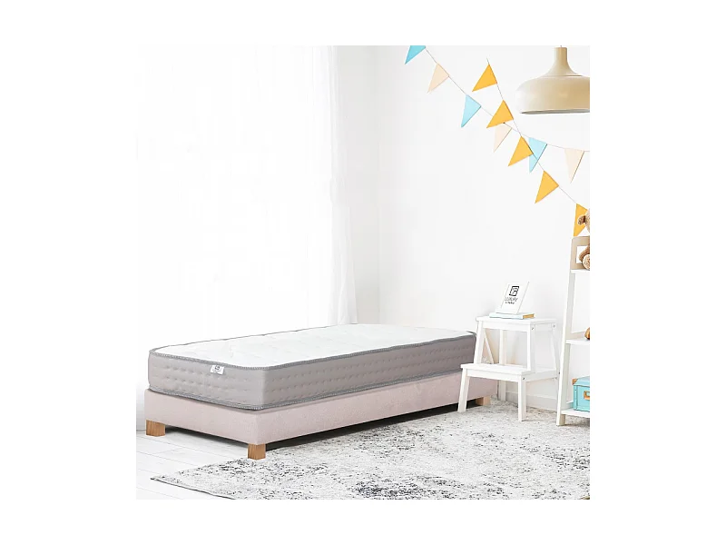 Ensemble Sommier beige (20cm) Matelas Zen (20 cm), mousses haute densité, ferme, face été/hiver, 90x190cm