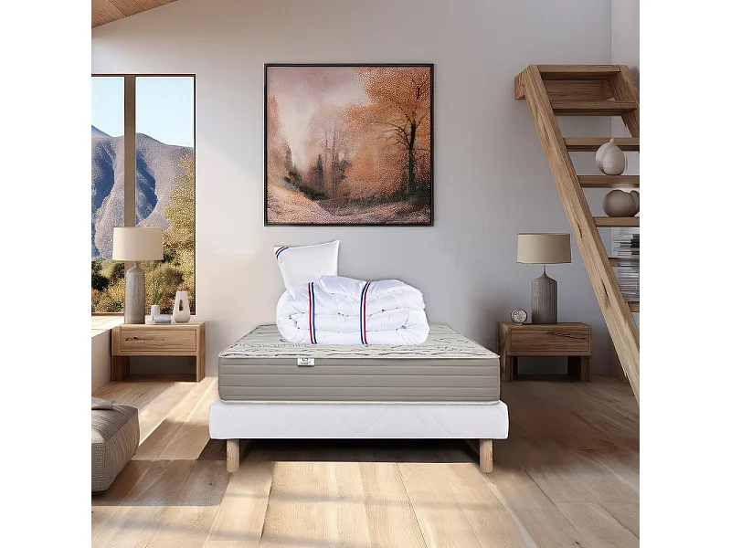 Ensemble Matelas Organic Cotton, 24 cm, mousses haute densité, ferme, face été/hiver+sommier blanc ep 13cm+oreiller+couette, 90x190cm