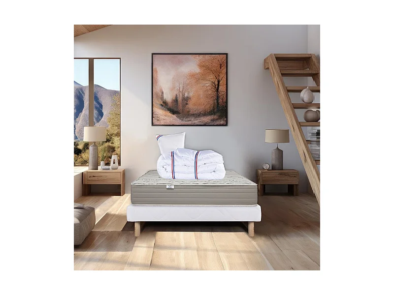Ensemble Matelas Organic Cotton, 24 cm, mousses haute densité, ferme, face été/hiver+sommier blanc ep 13cm+oreiller+couette, 90x190cm