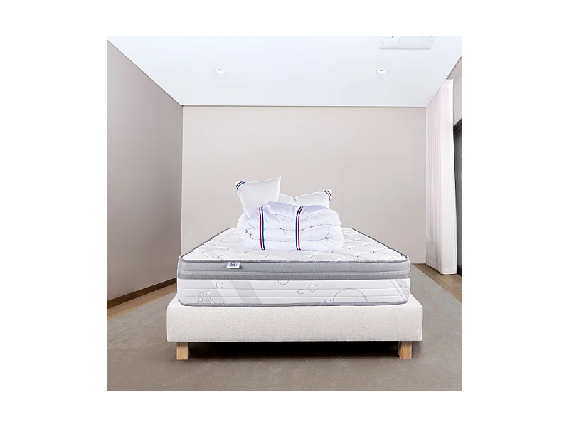 Ensemble Matelas ViscoPlus, 26 cm, mousses haute densité, ferme, face été/hiver + sommier beige ep20cm + oreiller + couette, 160x200cm
