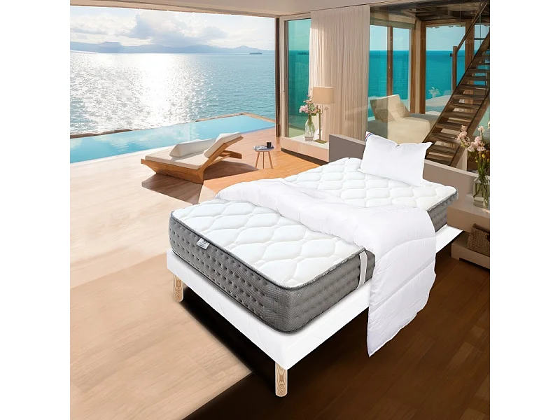 Ensemble Sommier blanc (13cm) Matelas Zen (20 cm), ferme, face été/hiver,Oreiller et Couette, 90x190cm