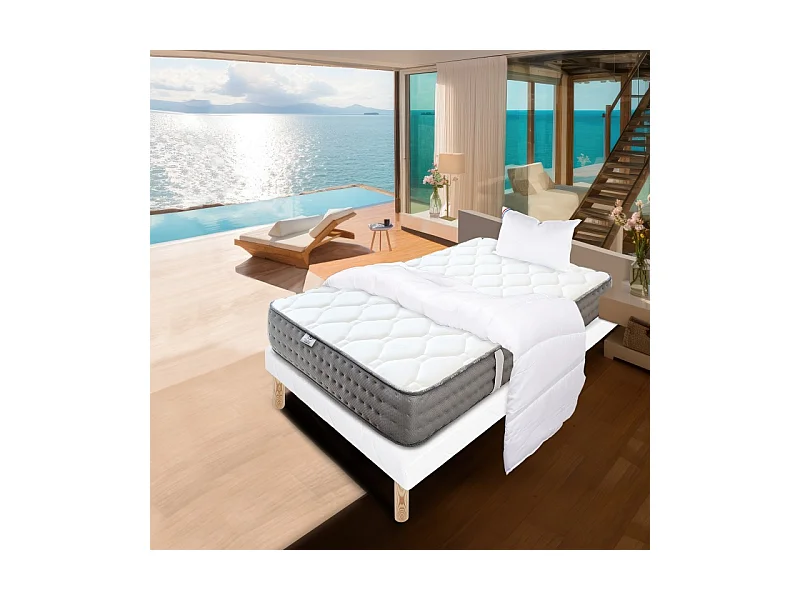Ensemble Sommier blanc (13cm) Matelas Zen (20 cm), ferme, face été/hiver,Oreiller et Couette, 90x190cm