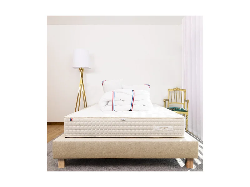 Ensemble Matelas Sublime, 20 cm, mousses haute densité, ferme, face été/hiver + sommier beige ep20cm + oreiller + couette, 140x190cm