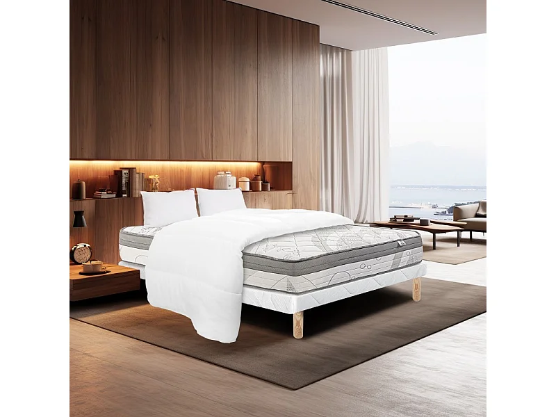 Ensemble Matelas ViscoPlus, 26 cm, mousses haute densité, ferme, face été/hiver + sommier blanc ep 13cm + oreiller + couette, 160x200cm
