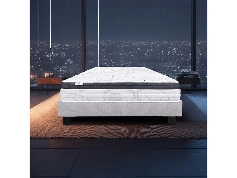 Ensemble Matelas Sleeplux, 26 cm, mousses haute densité, ferme, face été/hiver + sommier gris ep20cm, 140x190cm