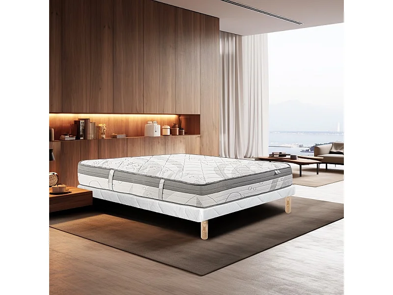 Ensemble Matelas ViscoPlus, 26 cm, mousses haute densité, ferme, face été/hiver + sommier blanc ep 13cm, 160x200cm